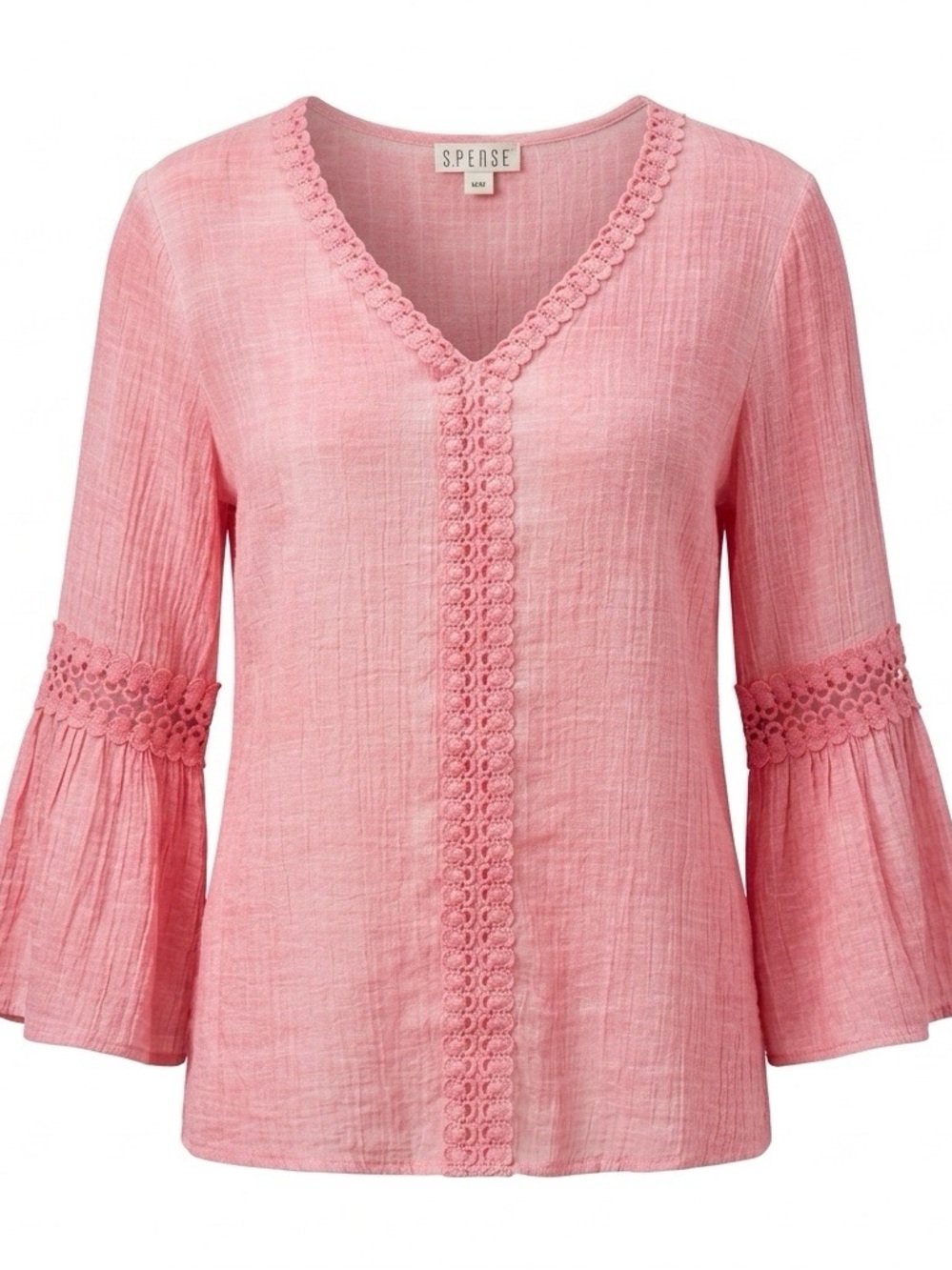 Spense Rose-Pink Crochet Trim V-Neck Bell Sleeve Top